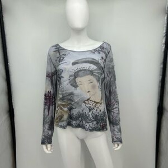 Y2K Lucky Brand Tattoo Print Long Sleeve Top Geisha Print Boho Grunge Size L - Picture 1 of 10